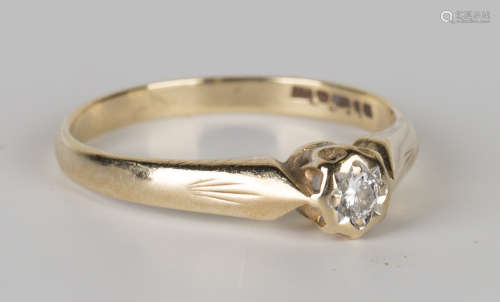 A 9ct gold and diamond single stone ring, mounted with a circular cut diamond, ring size approx O.