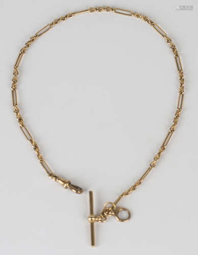 A 14ct gold knot and bar link watch Albert chain, fitted with a gold boltring, a 14ct gold swivel