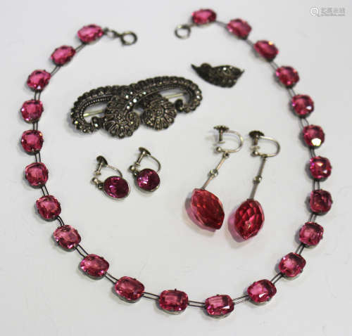 A sterling silver and faceted pink paste necklace, length 37.5cm, two pairs of pink paste pendant