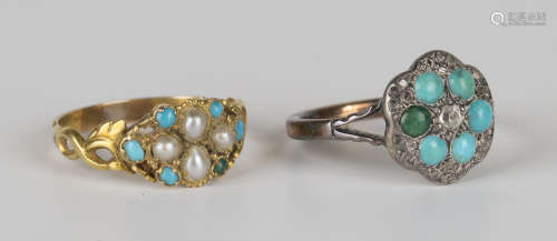 A Victorian gold, turquoise and half-pearl set cluster ring, decorated with scroll pierced