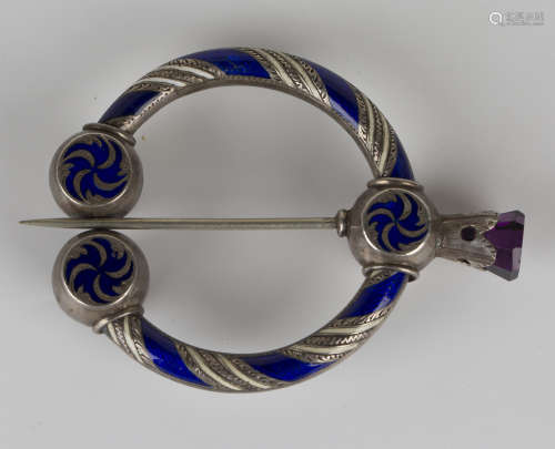 A Victorian silver, blue and white enamelled and coloured foil backed gem set brooch, probably