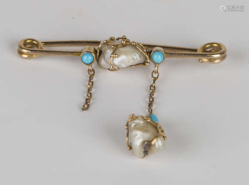 A gold, turquoise and freshwater pearl bar brooch, mounted with a freshwater pearl between two