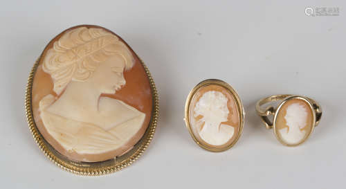 A 9ct gold mounted oval shell cameo brooch, carved as a portrait of a young lady, width 4.2cm, and