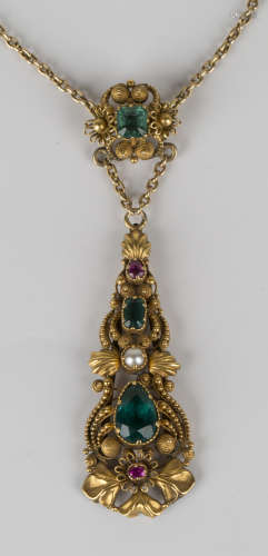 A gold, foil backed green and red paste and cultured pearl pendant necklace in a filigree and beaded