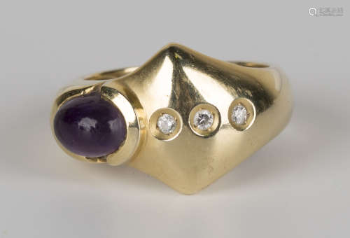 A gold, diamond and cabochon amethyst ring in an abstract design, mounted with an oval cabochon