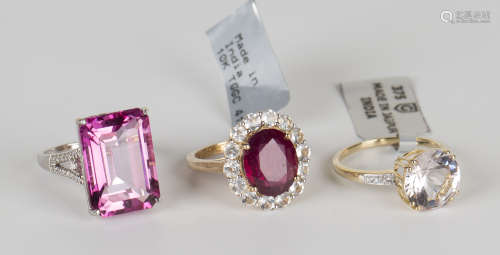 A 9ct white gold ring, claw set with a large cut cornered rectangular step cut pink tourmaline