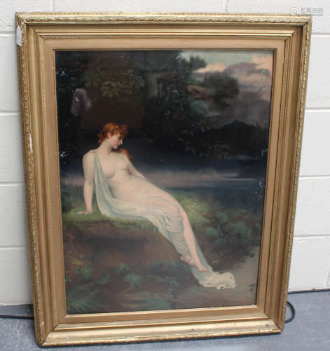 Pre-Raphaelite School - Female Nude on a Riverbank, 19th century chromolithograph, 79.5cm x 59cm,