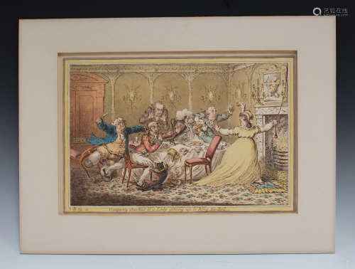 James Gillray - 'Company shocked at a Lady getting up to Ring the Bell', etching with later hand-