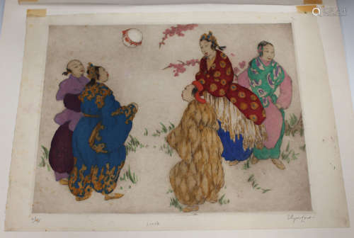 Elyse Ashe Lord - Japanese Ladies playing Kemari, etching with drypoint and hand-colouring, signed
