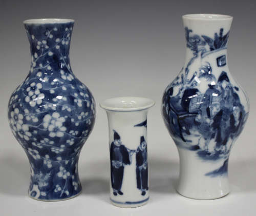 A group of three Chinese blue and white porcelain vases, comprising two baluster vases, marks of