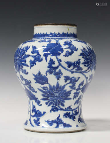 A Chinese blue and white porcelain vase, Kangxi period, of baluster form, painted with a design of