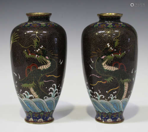 A pair of Japanese cloisonné vases, Meiji period, each of elongated ovoid form, decorated with a