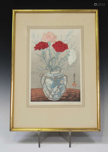 Yoshijiro Urushibara (1888-1953) - a Japanese polychrome woodblock print depicting carnations in a
