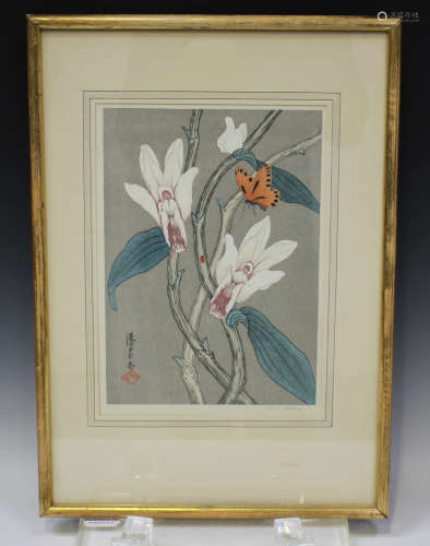 Yoshijiro Urushibara (1888-1953) - a Japanese polychrome woodblock print depicting a butterfly,