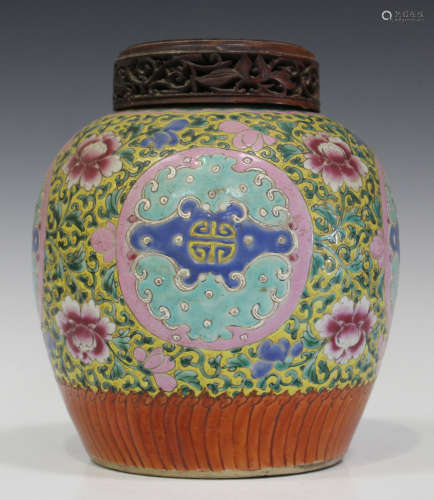 A Straits Chinese Peranakan or Baba-Nyonya famille rose enamelled porcelain ovoid ginger jar, 19th