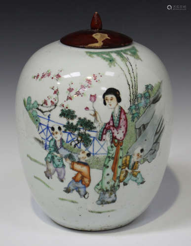 A Chinese famille rose porcelain ginger jar, Republic period, the ovoid body painted with a maiden