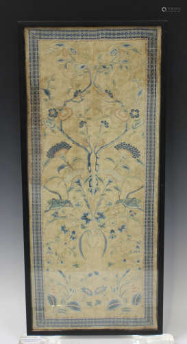 A pair of Chinese silk embroidered sleeve panels, Qing dynasty, joined as one and worked in coloured