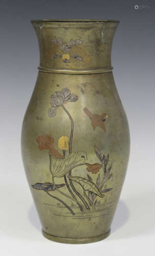 A Japanese mixed metal inlaid bronze vase, Meiji period, the ovoid body and flared neck finely
