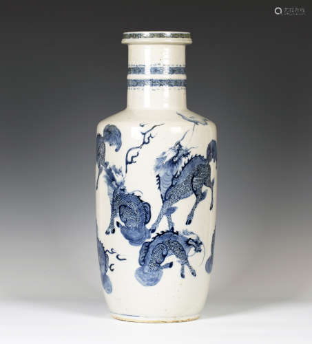 A Chinese blue and white porcelain rouleau vase, Mark of Kangxi but late Qing dynasty, the body