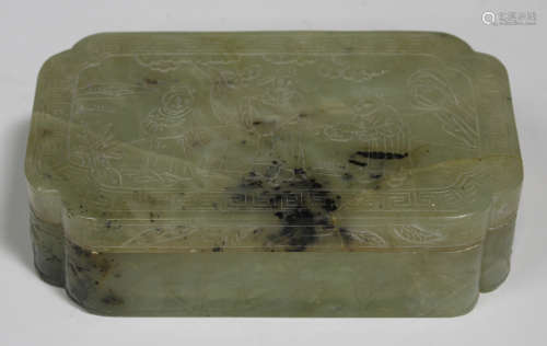 A Chinese jade box and cover, 20th century, the top carved in low relief with figures within a