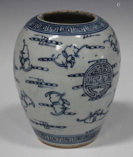 A Chinese blue and white porcelain ovoid jar, mark of Guangxu and possibly of the period, painted