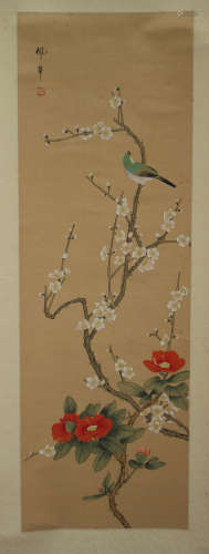 A Chinese hanging scroll painting, 20th century, depicting a bird perched on a prunus branch above