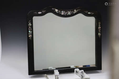 A Chinese mother-of-pearl inlaid hardwood framed wall mirror, early 20th century, of rectangular