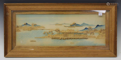 Two pairs of Chinese carved cork rectangular panels, early 20th century, each depicting views of