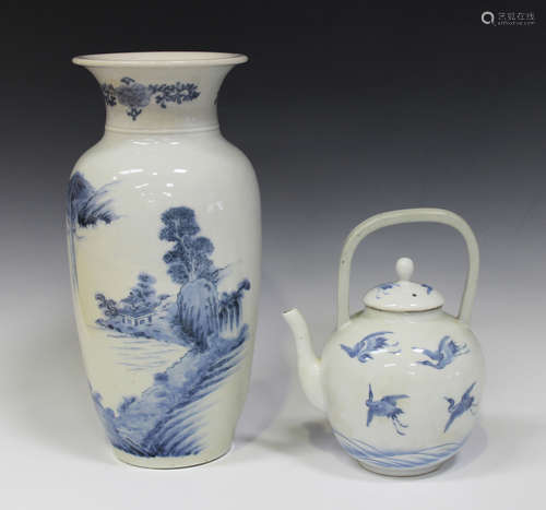 A Japanese Hirado blue and white porcelain vase, late Edo period, the shouldered tapering body and