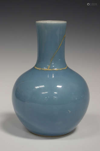 A Chinese clair-de-lune porcelain vase, mark of Qianlong and possibly of the period, the globular