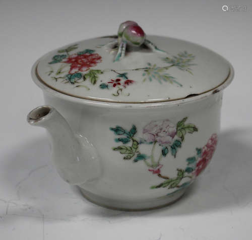 A Chinese famille rose porcelain teapot and cover, Republic period, of circular form, the cover with