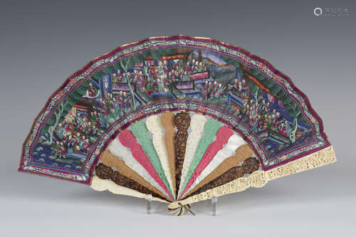 A Chinese Canton export ivory folding fan, mid to late 19th century, the ivory guards carved in