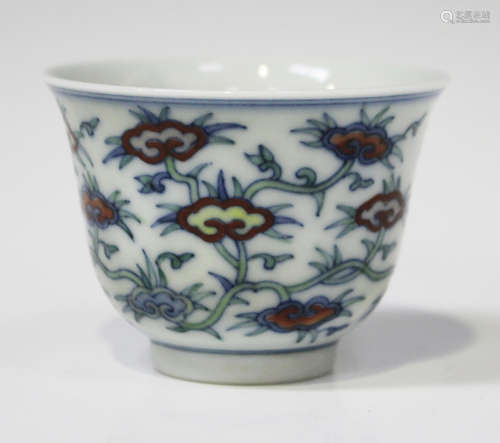 A Chinese doucai porcelain wine cup, mark of Chenghua but late 20th century, of steep sided form,