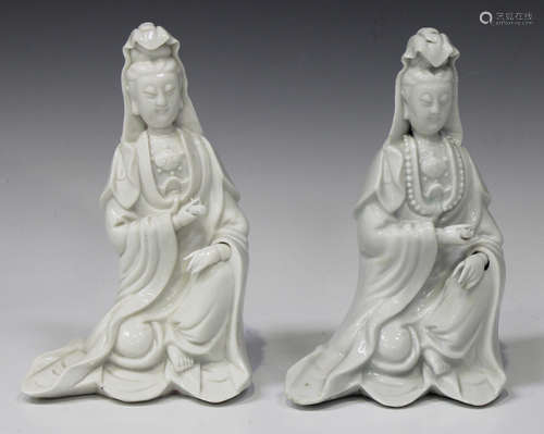 Two Chinese blanc-de-Chine porcelain figures of Guanyin, Kangxi period, each modelled in a seated