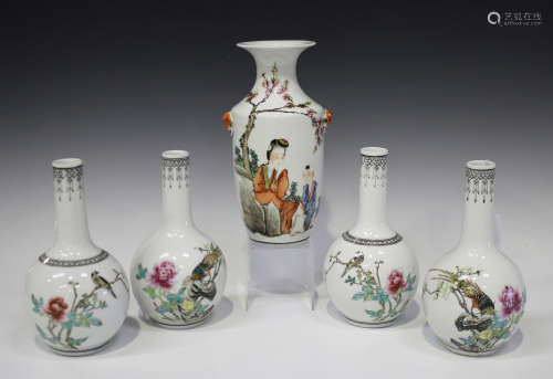 Two pairs of Chinese famille rose porcelain bottle vases, 20th century, each globular body painted