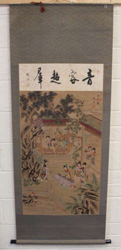 A Chinese hanging scroll painting, modern, depicting a group of maidens in a pavilion and garden,
