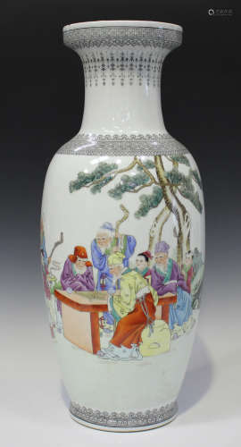 A Chinese famille rose porcelain vase, mark of Qianlong but 20th century, of elongated ovoid form