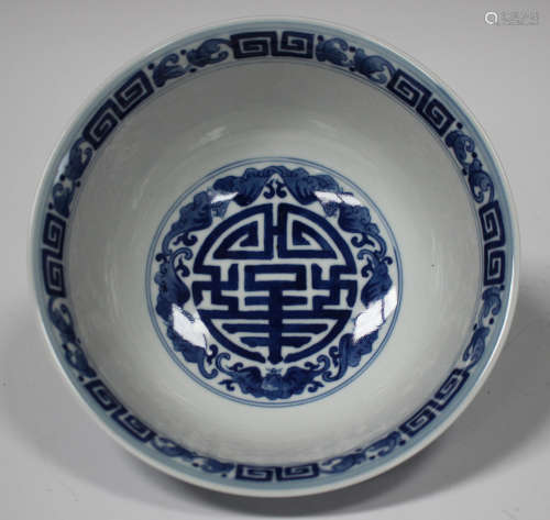 A Chinese blue and white porcelain bowl, mark of Yongzheng but probably late 20th century, the