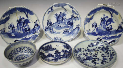 A Chinese Ming style blue and white porcelain teabowl of steep sided circular form, the interior