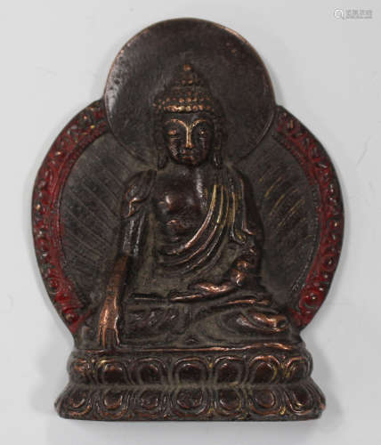 A South East Asian bronze figure of Buddha, modelled seated in dhyanasana on a double lotus throne