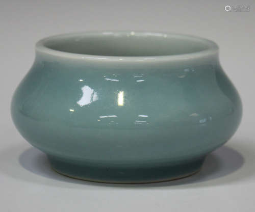 A Chinese clair-de-lune glazed brush washer, mark of Kangxi but later, of circular bombé form,