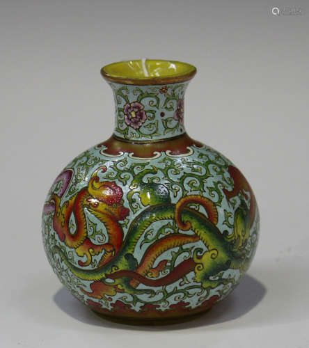 A Chinese enamelled yellow glass vase, modern, the octagonal faceted globular body and short neck