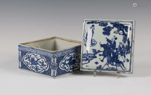 A Chinese blue and white porcelain box and cover, mark of Wanli but later, of square section, the
