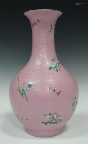 A Chinese famille rose enamelled pink ground porcelain vase, mark of Qianlong but possibly