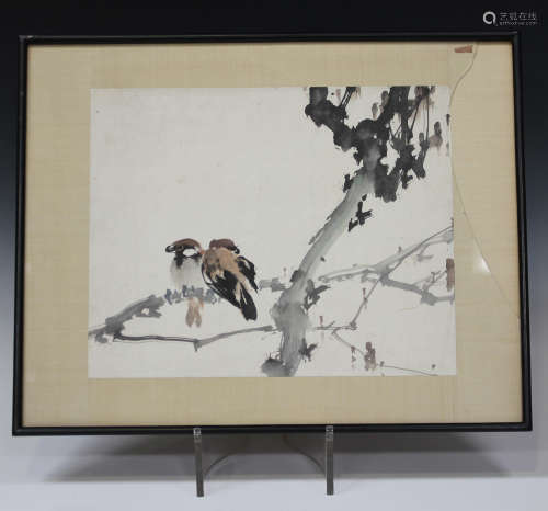 A Chinese watercolour painting, 20th century, depicting two sparrows perched side-by-side on a
