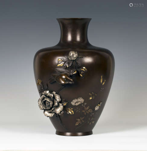 An impressive Japanese brown patinated bronze and mixed metal inlaid vase, Meiji period, of