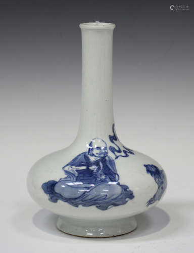 A Chinese blue and white porcelain bottle vase, probably 20th century, the compressed body painted