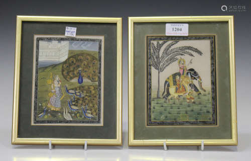 Two Indian gouache miniature paintings, 20th century, one depicting a maharajah riding an elephant