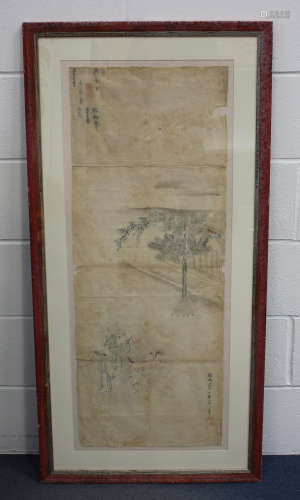 A Chinese scroll painting on paper, Qing dynasty, depicting two musicians and a dancing boy beside a
