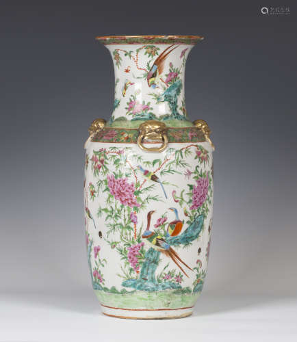 A Chinese Canton famille rose porcelain vase, mid-19th century, of swollen cylindrical form with